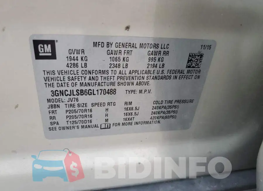 3GNCJLSB6GL170488 Photo# 14