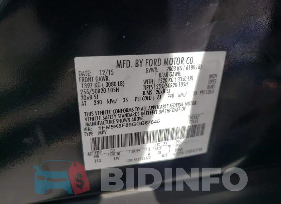 1FM5K8F89GGB87845 Photo# 13