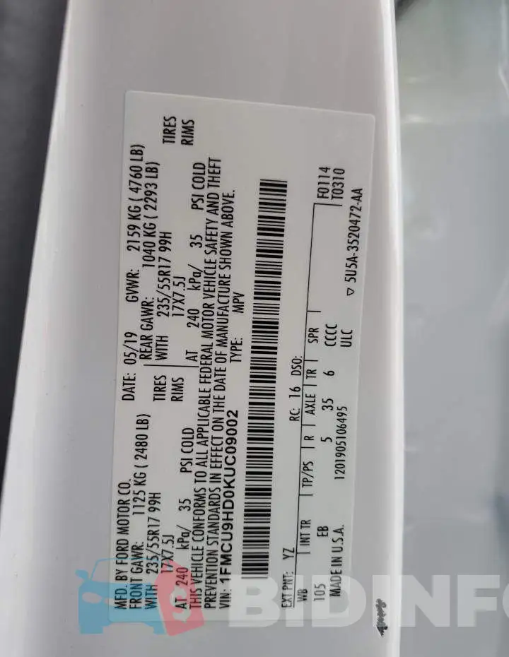 1FMCU9HD0KUC09002 Photo# 13