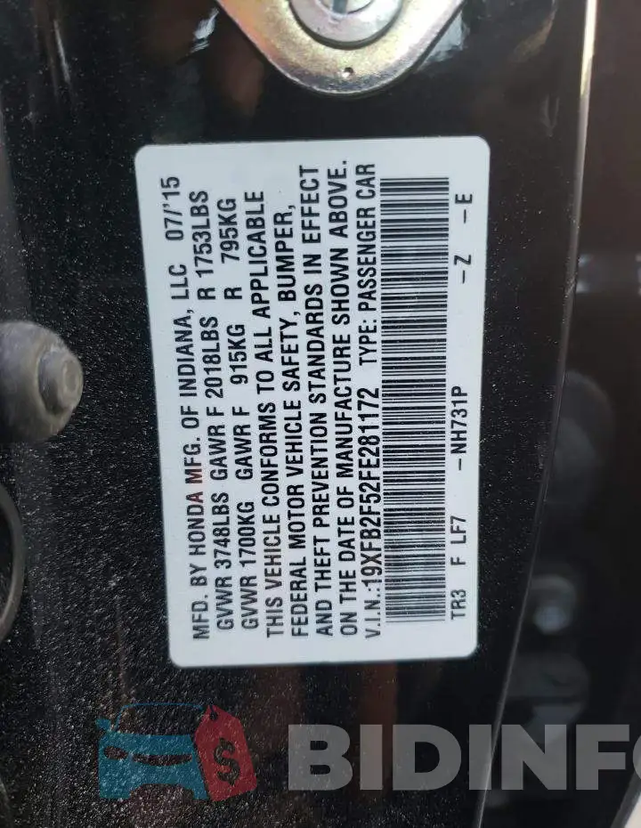 19XFB2F52FE281172 Photo# 12
