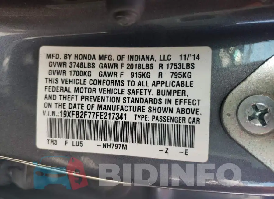 19XFB2F77FE217341 Photo# 12