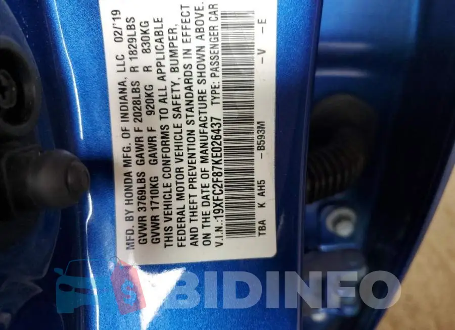 19XFC2F87KE026437 Photo# 12