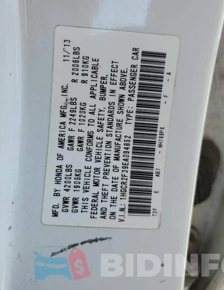 1HGCR2F39EA094852 Photo# 12