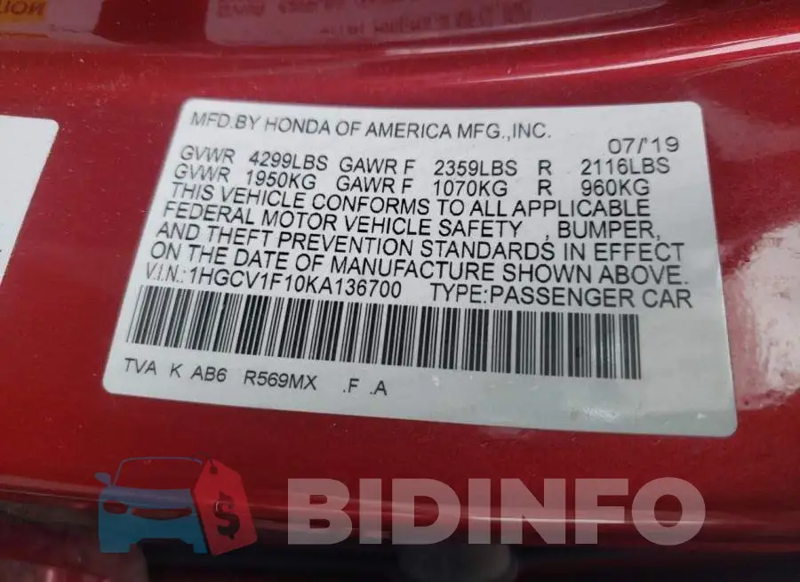 1HGCV1F10KA136700 Photo# 13