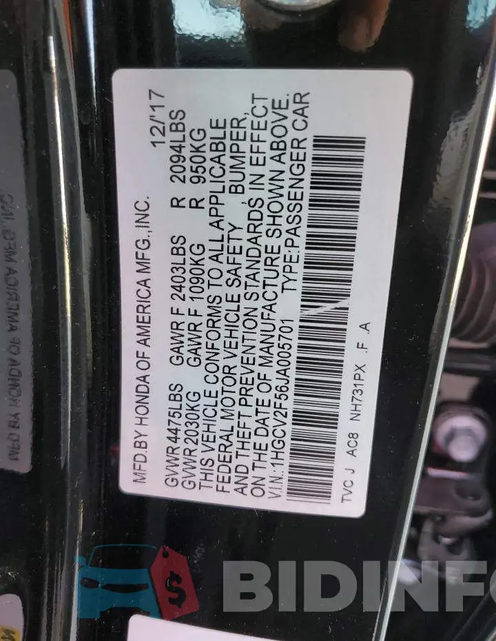 1HGCV2F56JA005701 Photo# 13