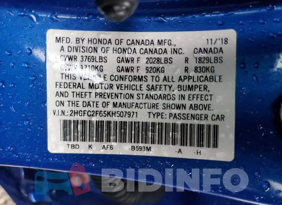 2HGFC2F65KH507971 Photo# 12