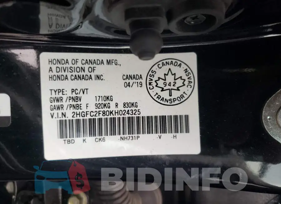 2HGFC2F80KH024325 Photo# 12