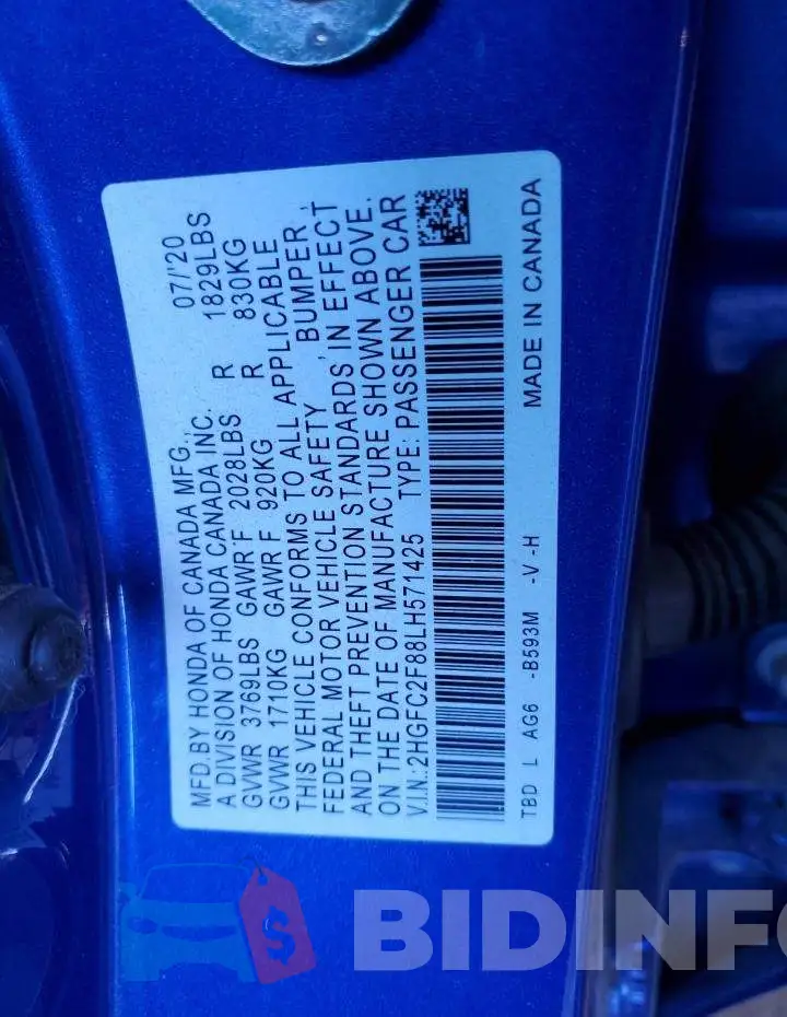 2HGFC2F88LH571425 Photo# 12