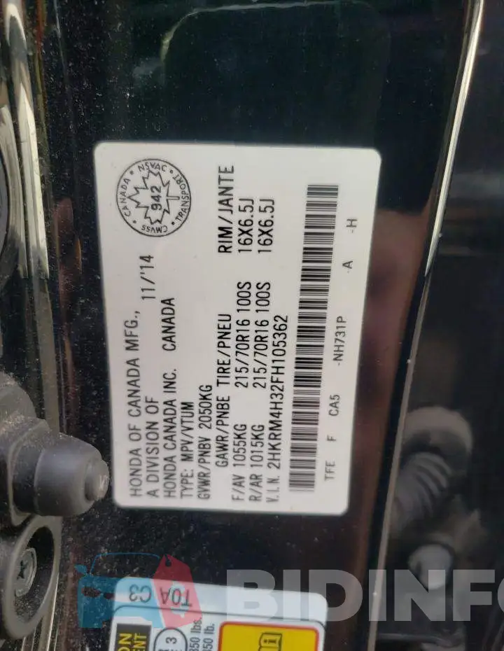 2HKRM4H32FH105362 Photo# 14