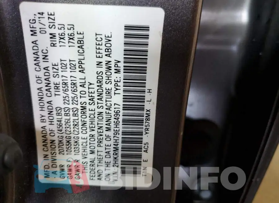 2HKRM4H79EH649617 Photo# 13