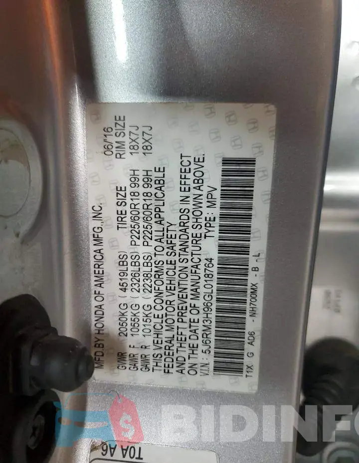 5J6RM3H96GL018764 Photo# 13