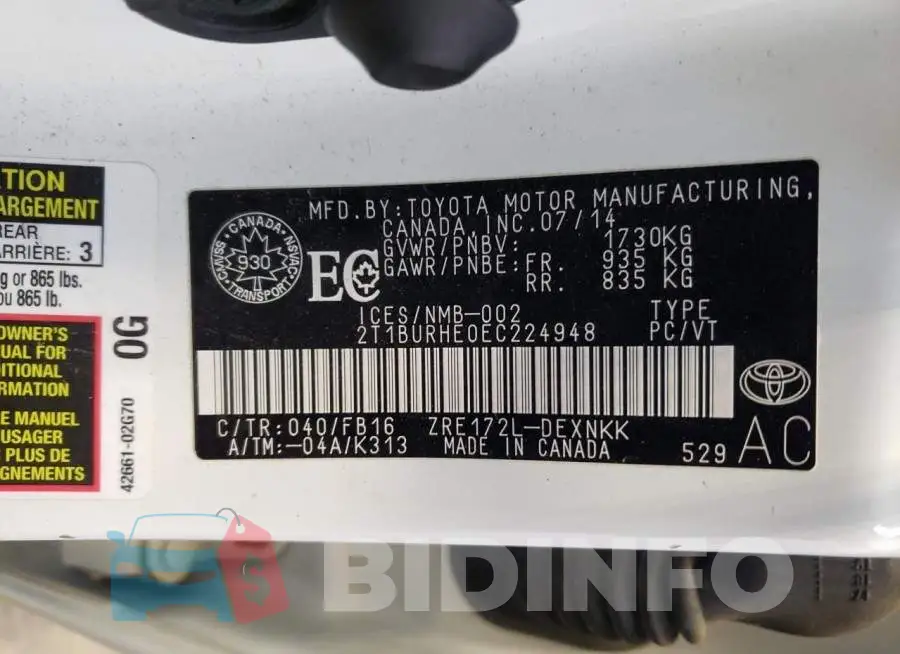 2T1BURHE0EC224948 Photo# 13
