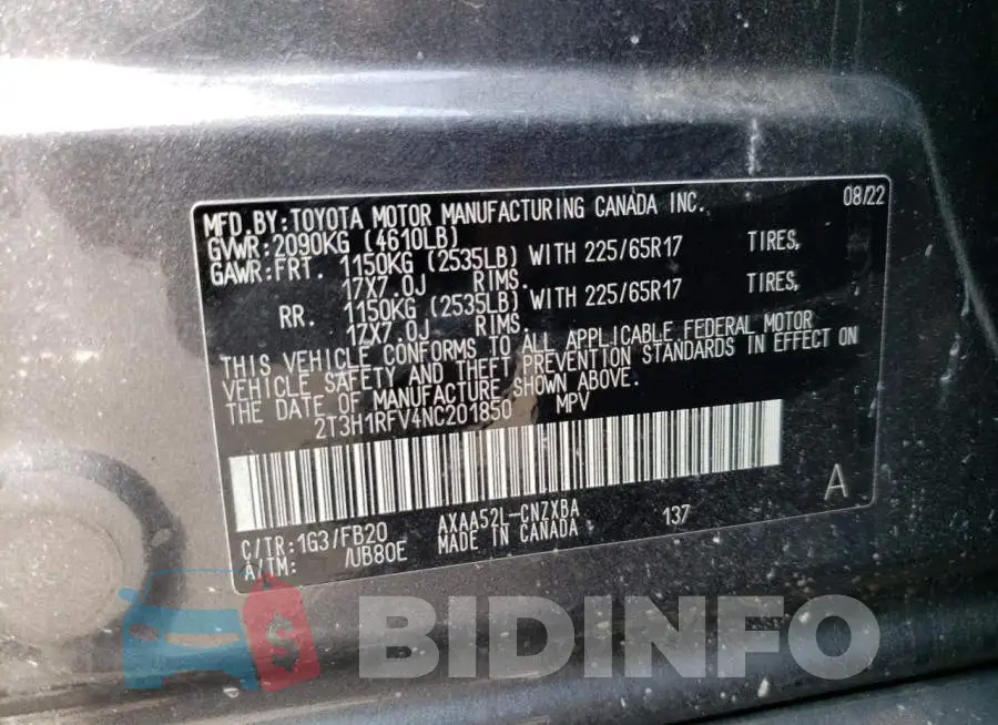 2T3H1RFV4NC201850 Photo# 12