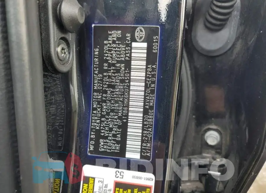 4T1B61HK6KU754501 Photo# 12