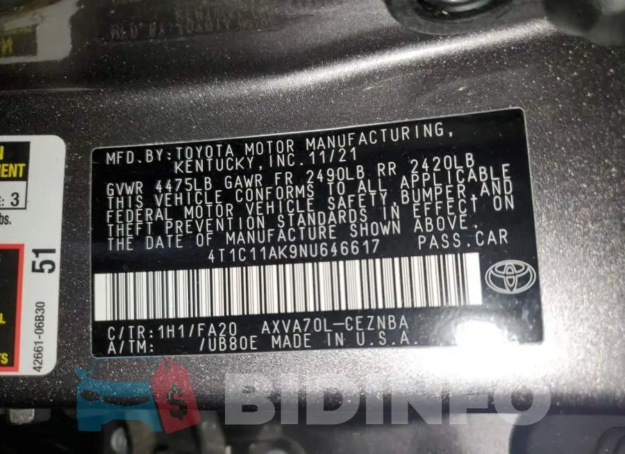 4T1C11AK9NU646617 Photo# 13