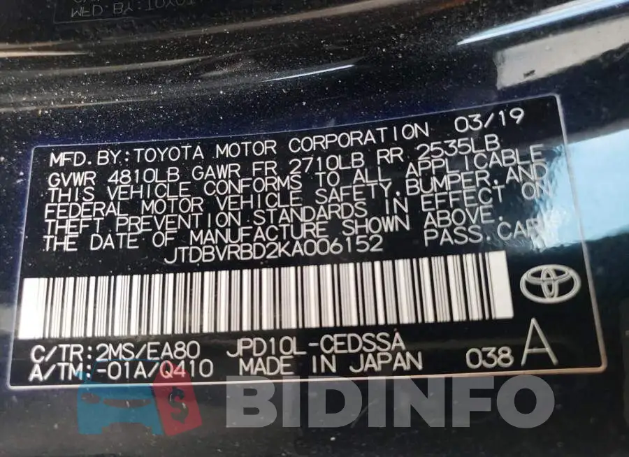 JTDBVRBD2KA006152 Photo# 13