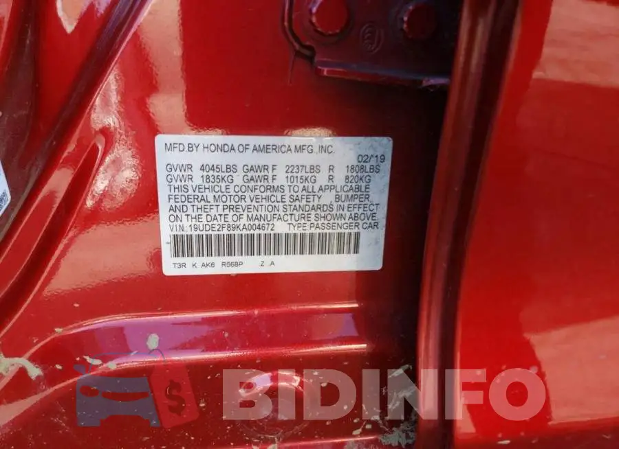 19UDE2F89KA004672 Photo# 12