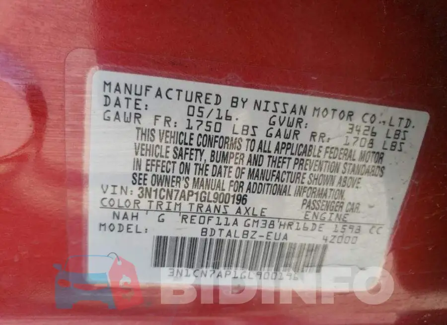 3N1CN7AP1GL900196 Photo# 13