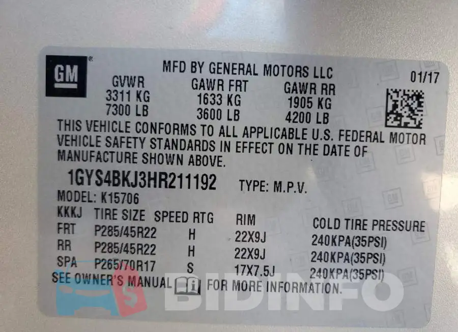 1GYS4BKJ3HR211192 Photo# 13