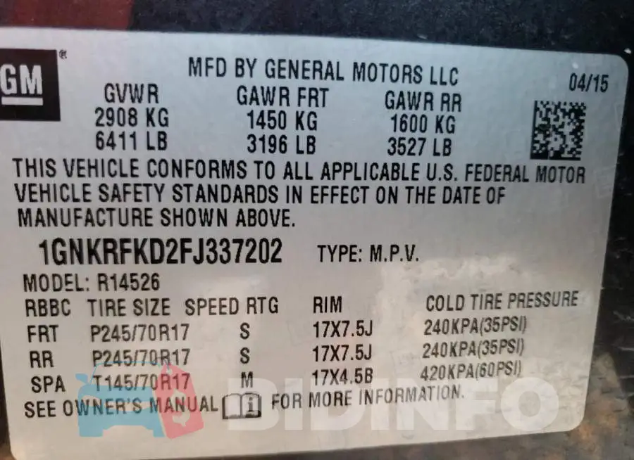 1GNKRFKD2FJ337202 Photo# 13