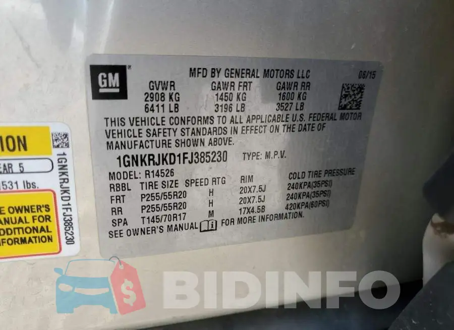 1GNKRJKD1FJ385230 Photo# 13