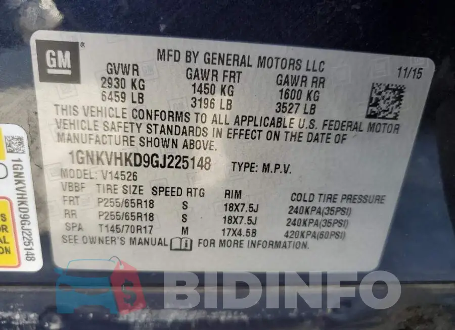 1GNKVHKD9GJ225148 Photo# 13
