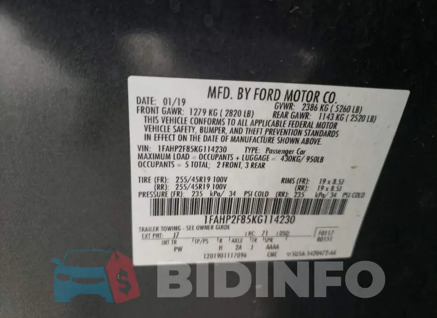 1FAHP2F85KG114230 Photo# 12