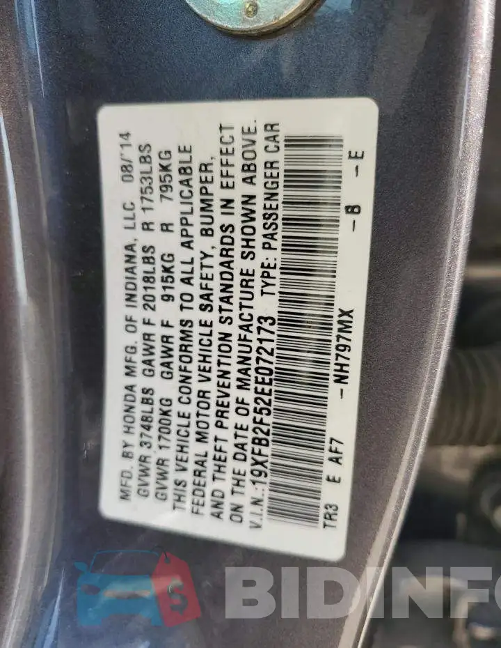 19XFB2F52EE072173 Photo# 12