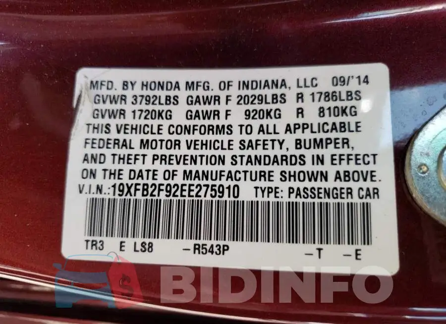 19XFB2F92EE275910 Photo# 13