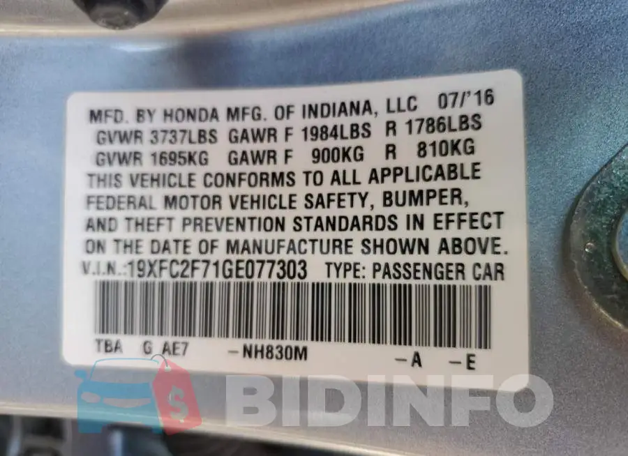 19XFC2F71GE077303 Photo# 12