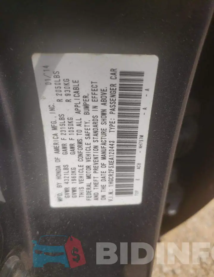 1HGCR2F5XEA120442 Photo# 12