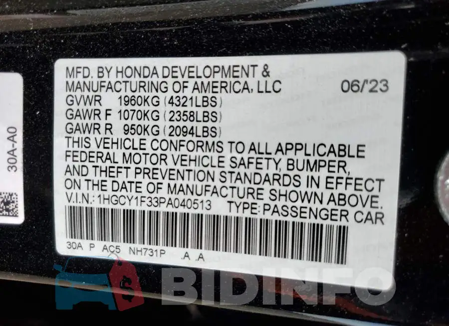 1HGCY1F33PA040513 Photo# 13