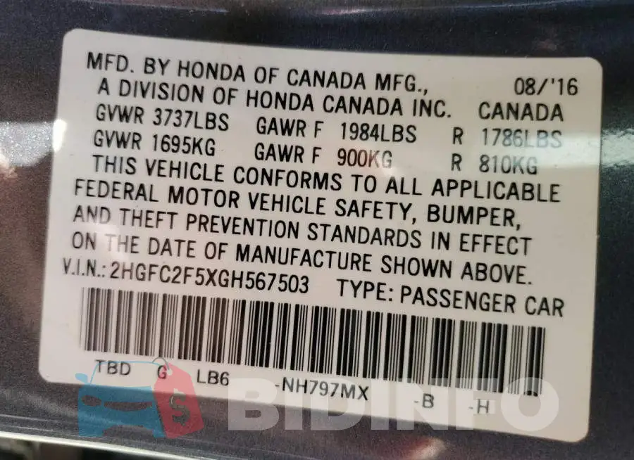 2HGFC2F5XGH567503 Photo# 12