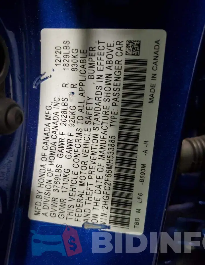 2HGFC2F66MH533885 Photo# 12