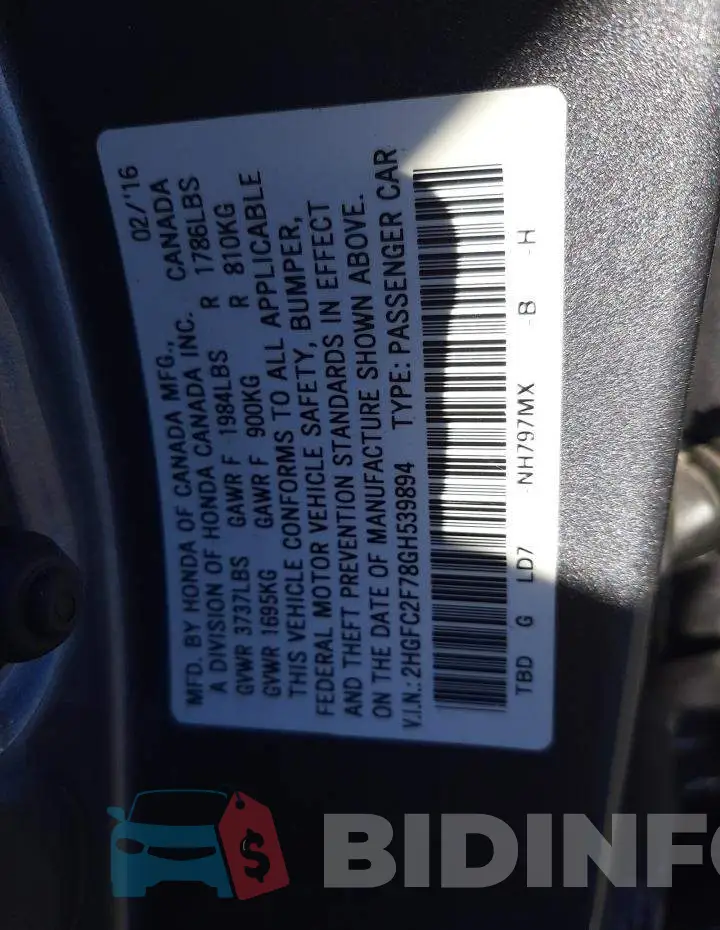 2HGFC2F78GH539894 Photo# 12