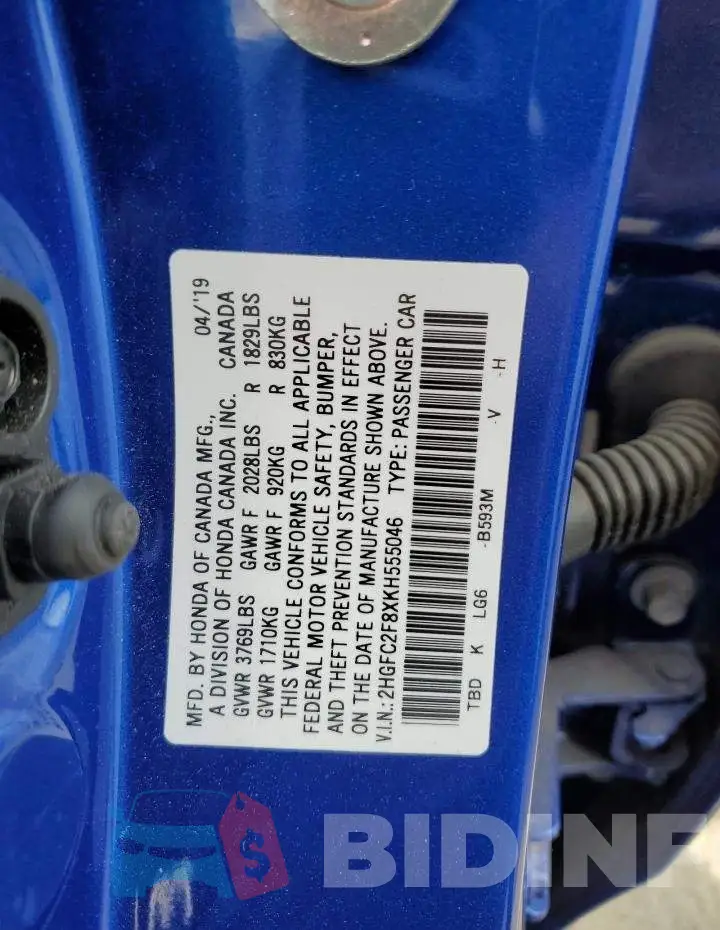 2HGFC2F8XKH555046 Photo# 12