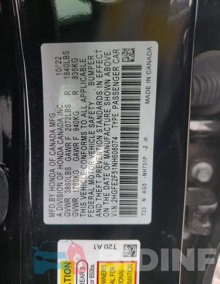 2HGFE2F51NH608074 Photo# 12