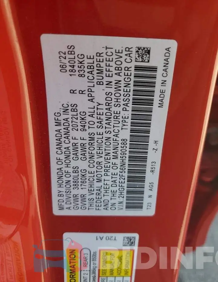 2HGFE2F56NH590588 Photo# 12