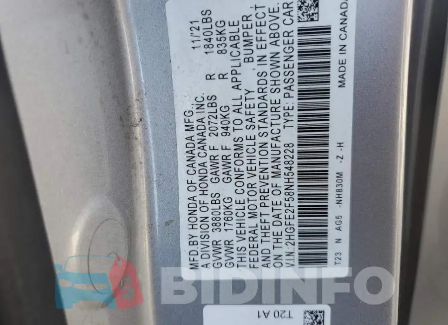 2HGFE2F58NH548228 Photo# 12