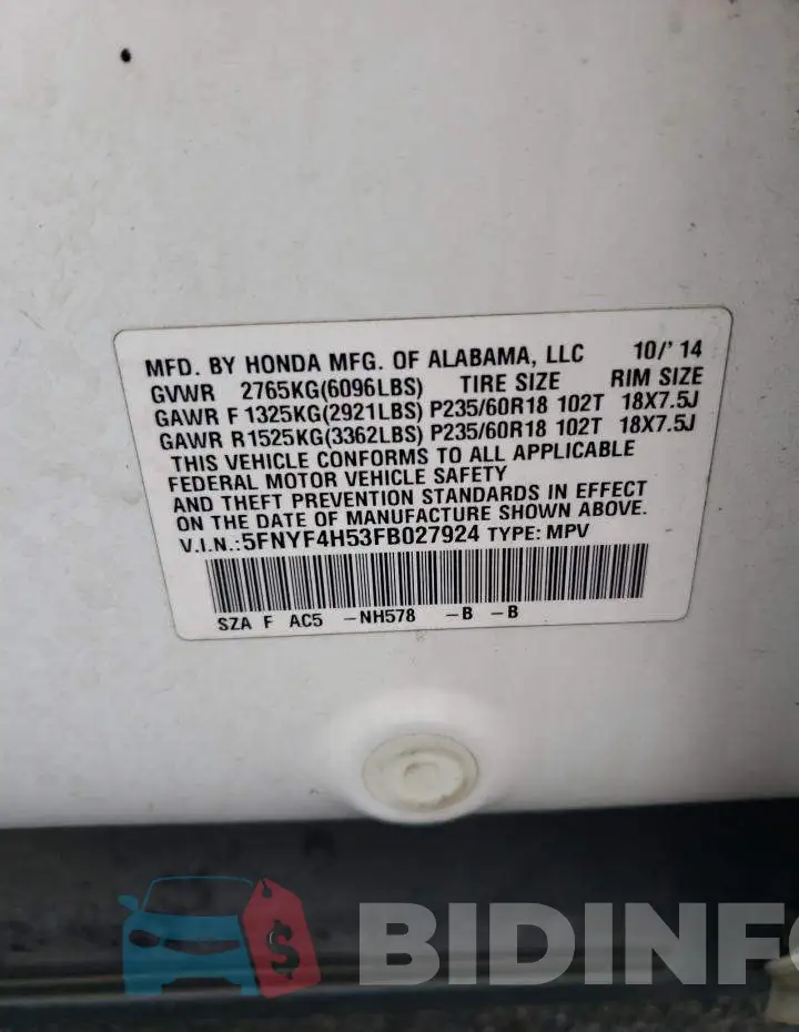 5FNYF4H53FB027924 Photo# 14