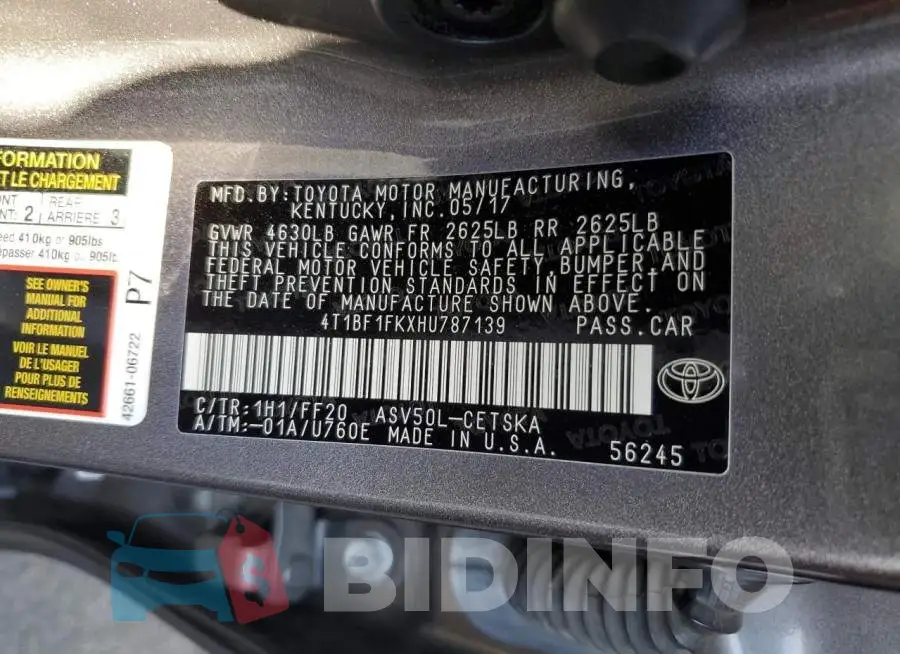 4T1BF1FKXHU787139 Photo# 12