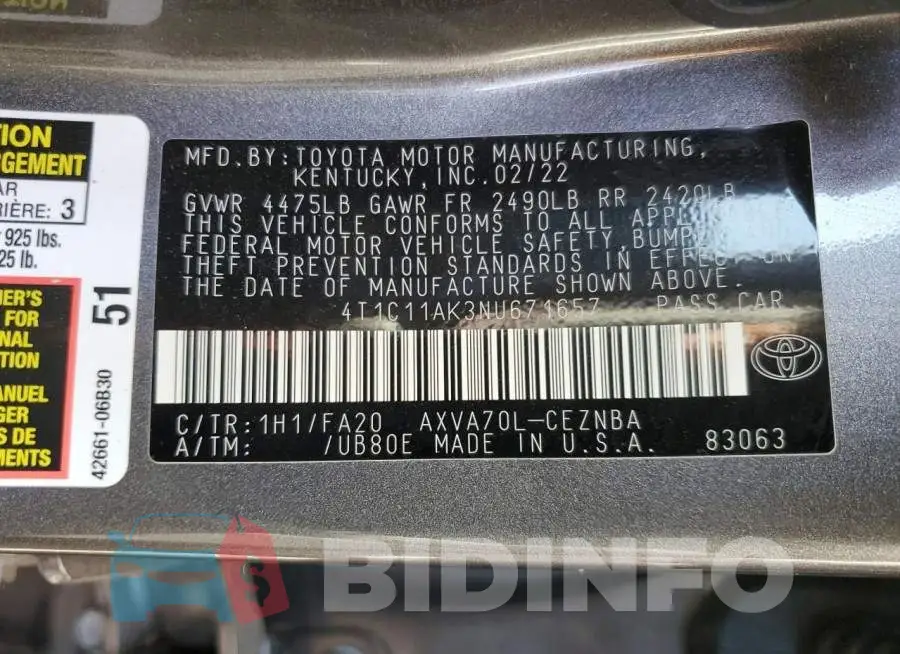 4T1C11AK3NU671657 Photo# 12