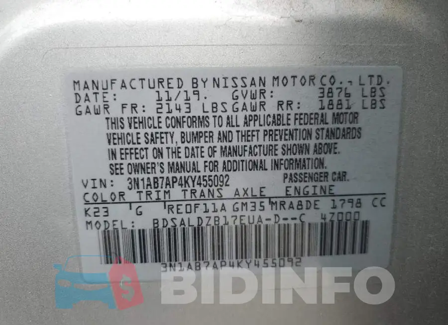 3N1AB7AP4KY455092 Photo# 12