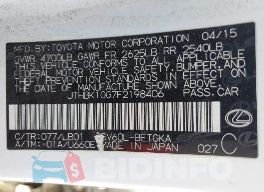 JTHBK1GG7F2198406 Photo# 12