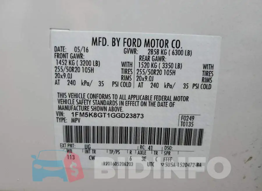 1FM5K8GT1GGD23873 Photo# 13
