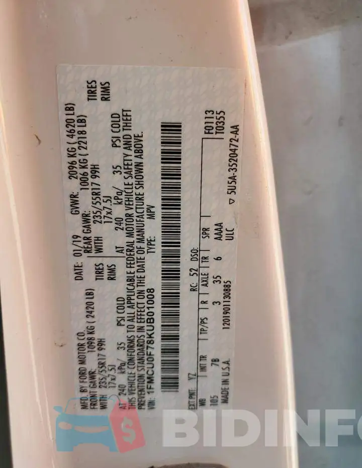 1FMCU0F78KUB01008 Photo# 14