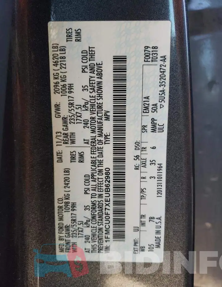 1FMCU0F7XEUB62980 Photo# 13