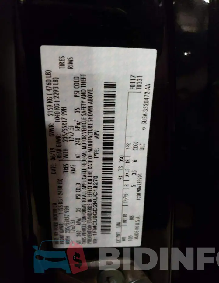 1FMCU9GD2KUC18270 Photo# 13