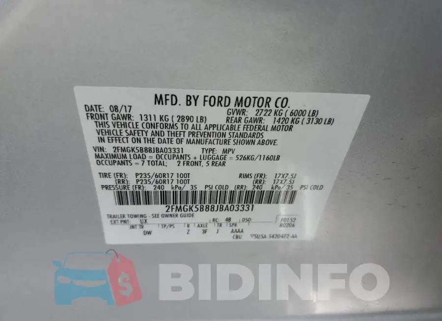 2FMGK5B88JBA03331 Photo# 13