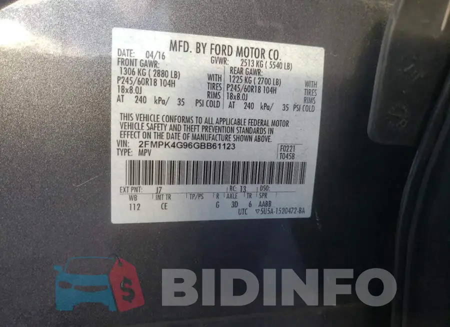 2FMPK4G96GBB61123 Photo# 12